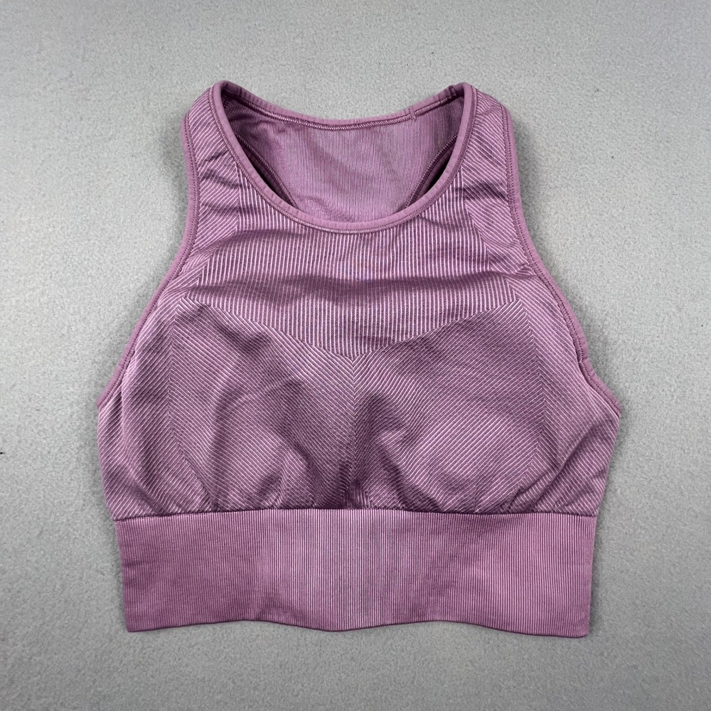 Lululemon Ebb Train Sports Bra Women"s 4 Purple Ribbed High Neck Racerback Yoga